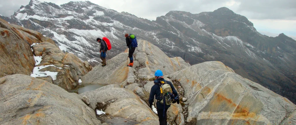 Mountaineers ascending the snow-capped Vallunaraju, in the Cordillera Blanca of Peru.