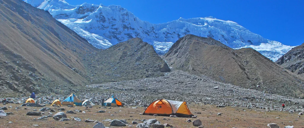 Base camp in the Ishinca Valley (4350m), the starting point for the Nevado Ishinca and Urus climbing expedition.